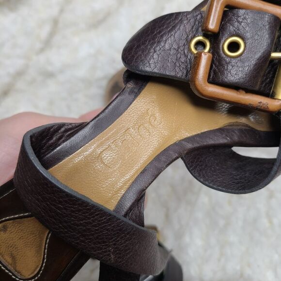Chloe brown leather ankle wrap wedge sandals 36.5 - Picture 8 of 10